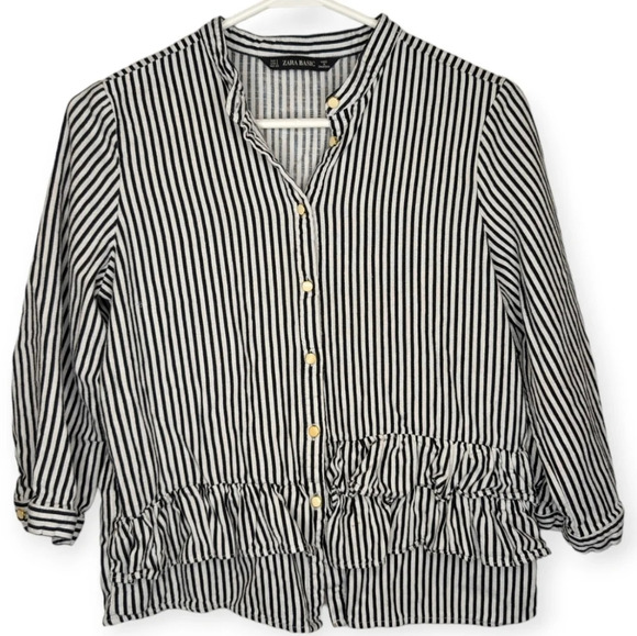 Zara Basic Black  & White Gold Cream Button Down Front Ruffle Top Women Small - Picture 1 of 9